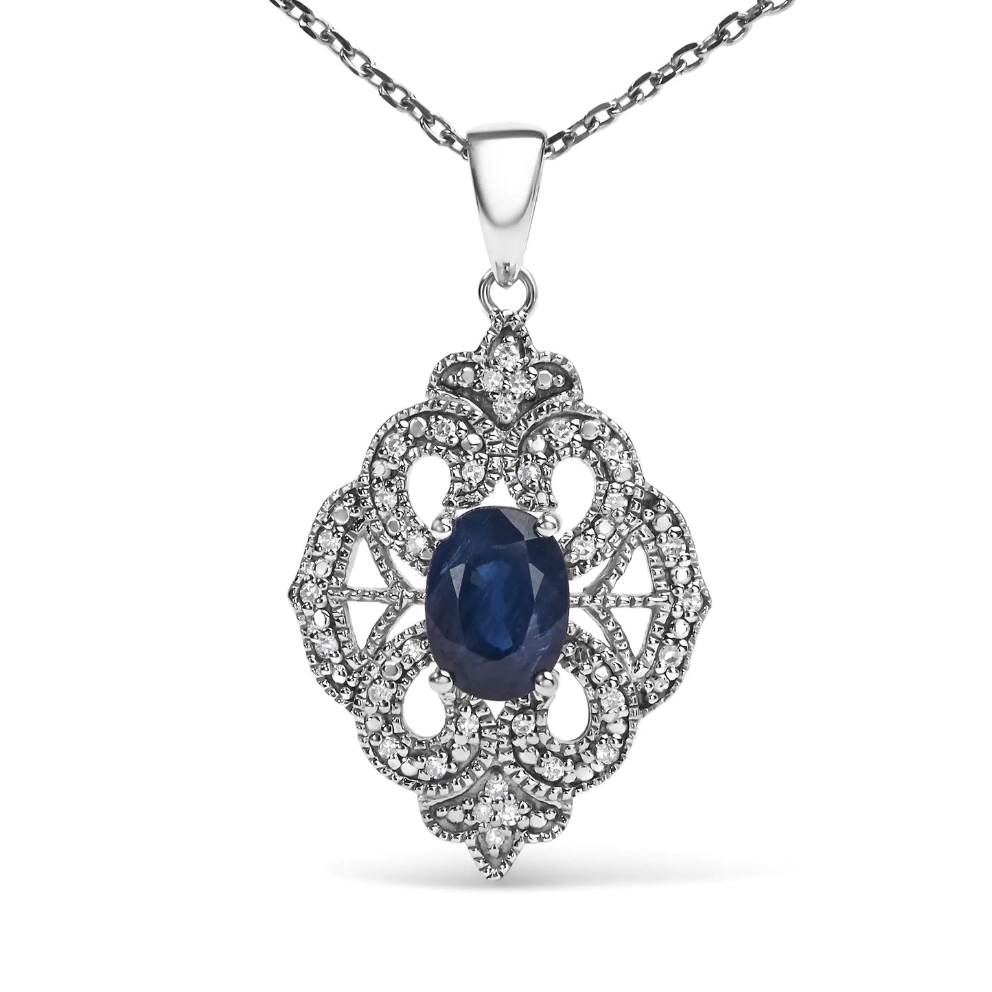 Silver Oval Blue Sapphire and Diamond Accent Art-Deco-Style Shield-Shaped Pendant Necklace