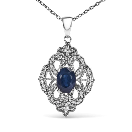 Silver Oval Blue Sapphire and Diamond Accent Art-Deco-Style Shield-Shaped Pendant Necklace