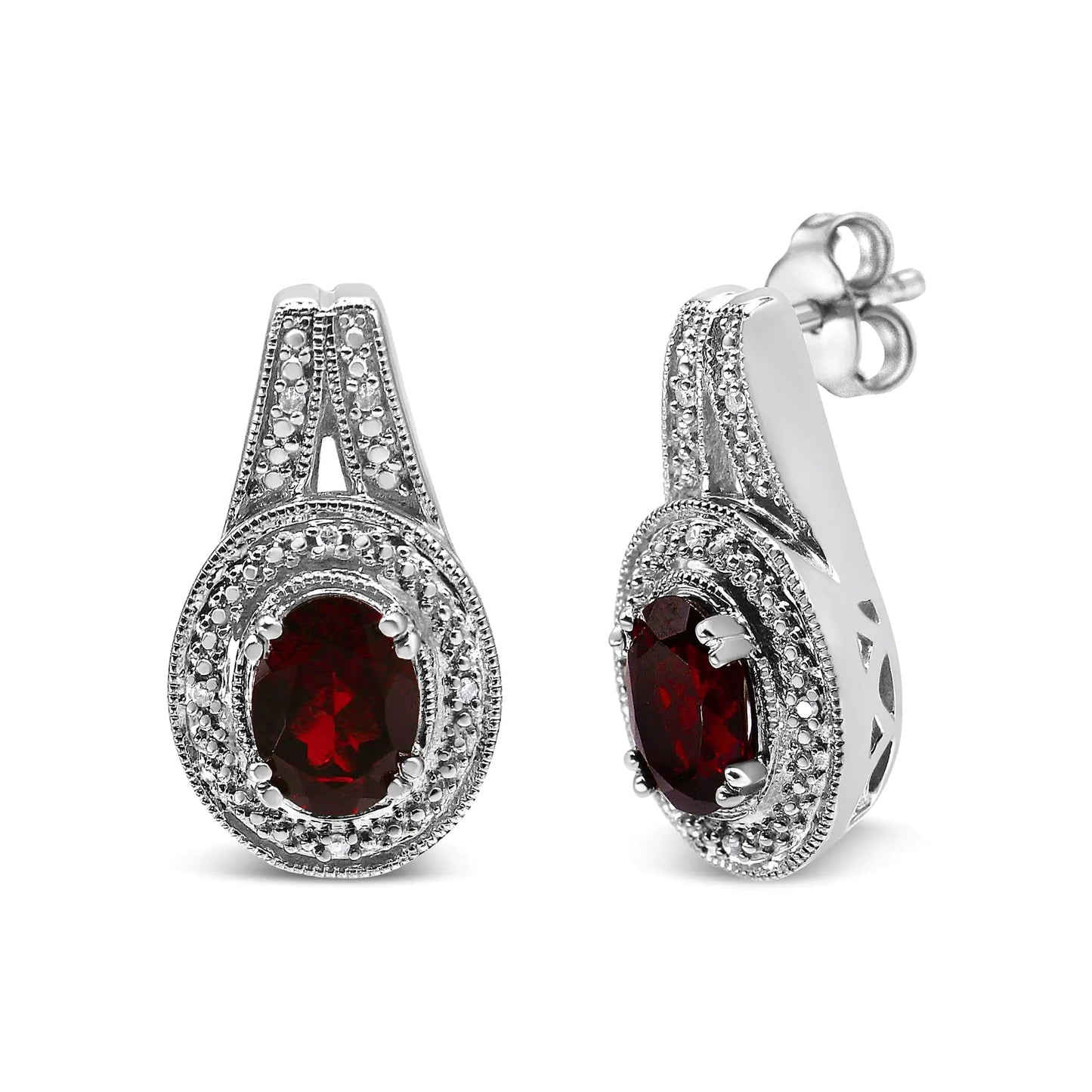 Silver Diamond Accent and Red Oval Garnet Stud Earrings