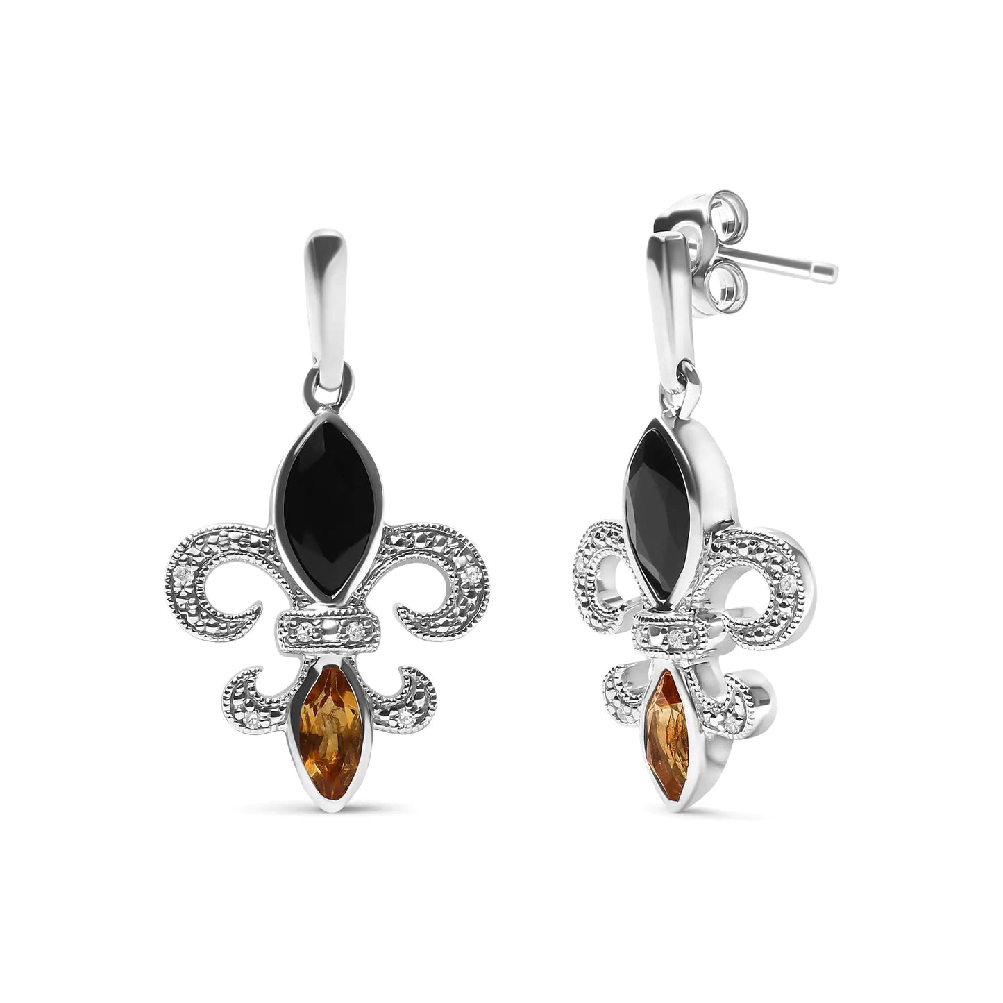 Silver Marquise-Cut Onyx and Citrine with Diamond Accent Fleur-de-Lis Drop-Stud Earrings