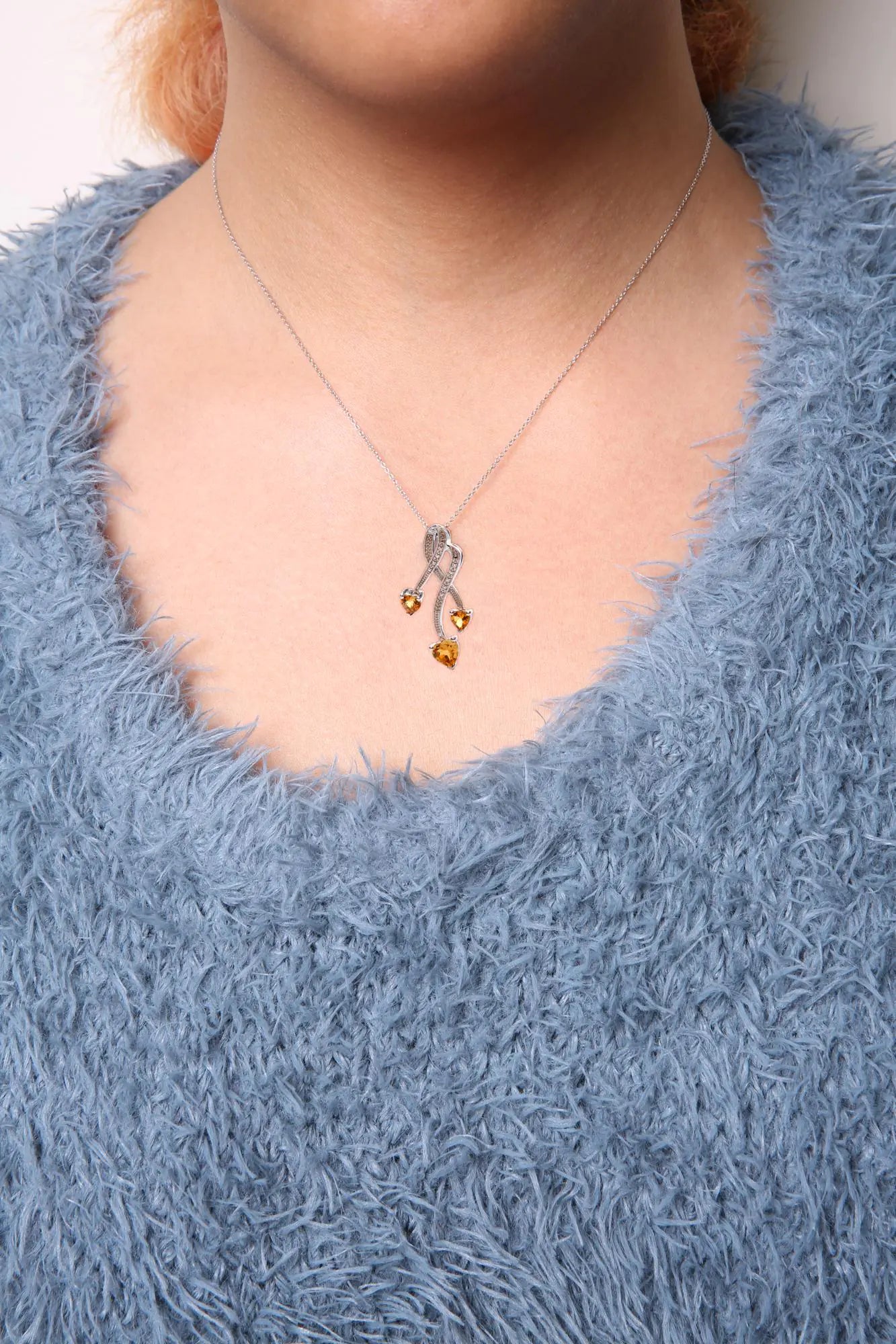 Silver Three-Stone Heart-Shape Citrine and Diamond Accent Spiral Drop Pendant Necklace