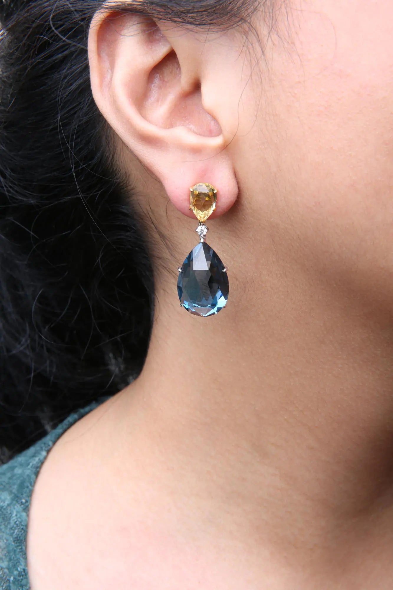 White-and-Yellow Gold Diamond with Pear-Cut Lemon Quartz and Pear-Cut London Blue Topaz Gemstone Dangle Earrings