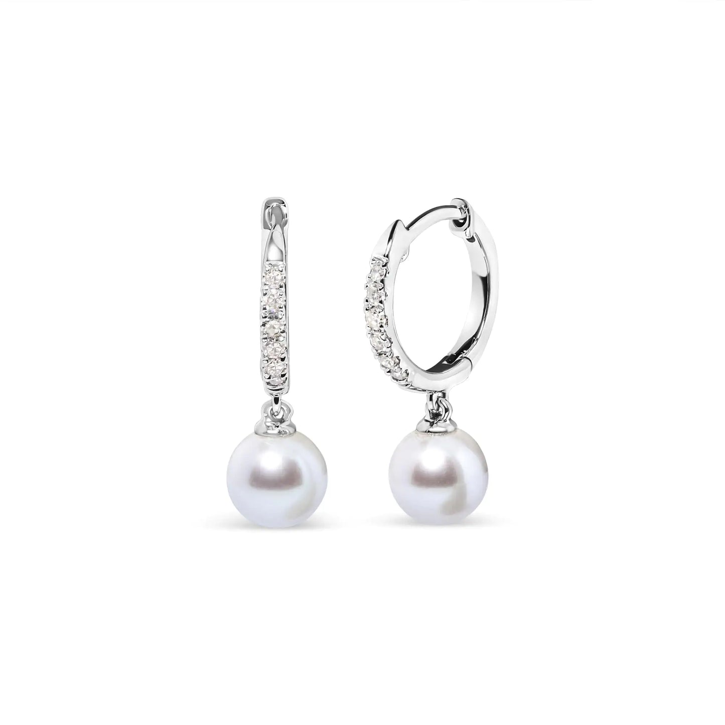 Rhodium-Plated White Gold Cultured Freshwater Pearl and Diamond Accent Drop Huggy Earrings