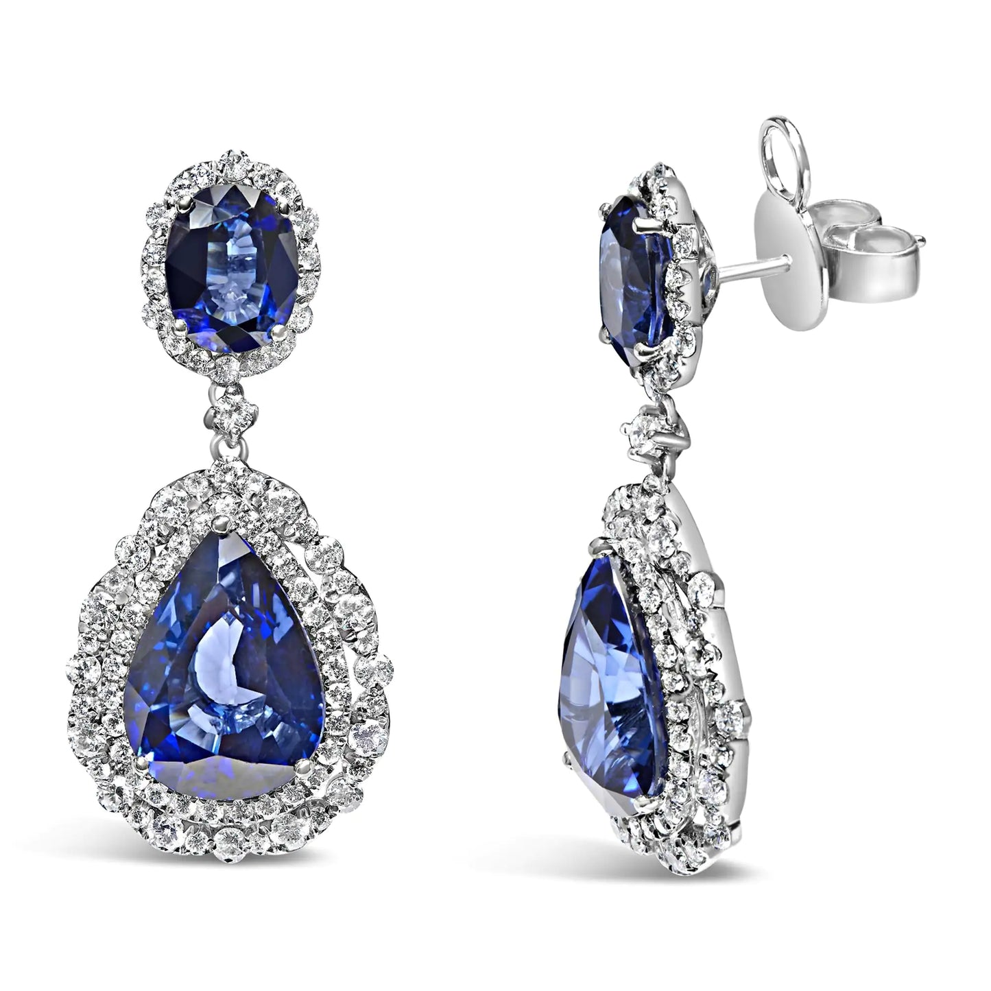 White Gold Blue Sapphire Diamond Halo Drop Dangle Earrings