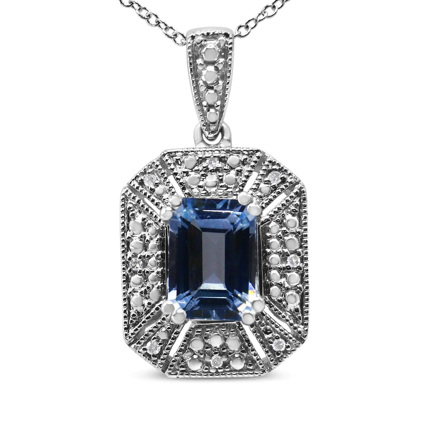 Silver Blue Topaz and Diamond Accent Art-Deco-Style Pendant Necklace