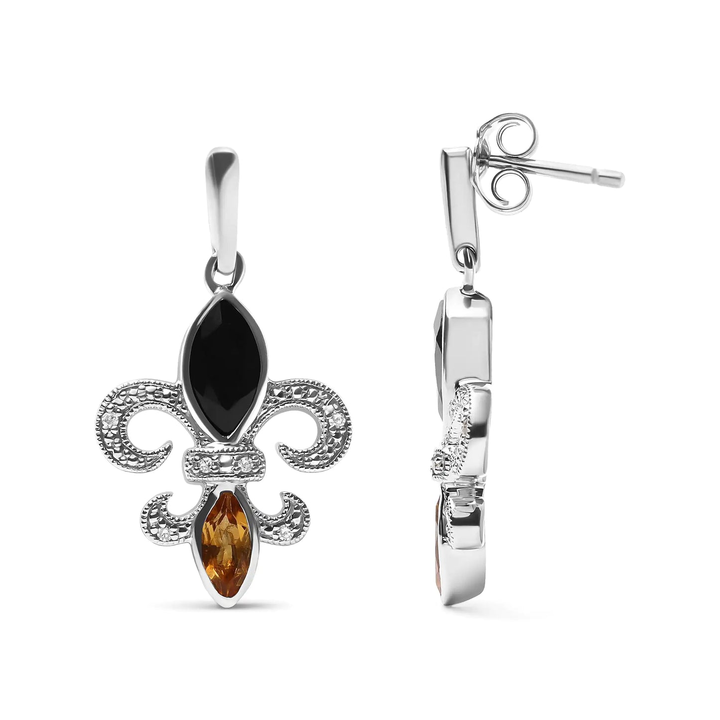 Silver Marquise-Cut Onyx and Citrine with Diamond Accent Fleur-de-Lis Drop-Stud Earrings