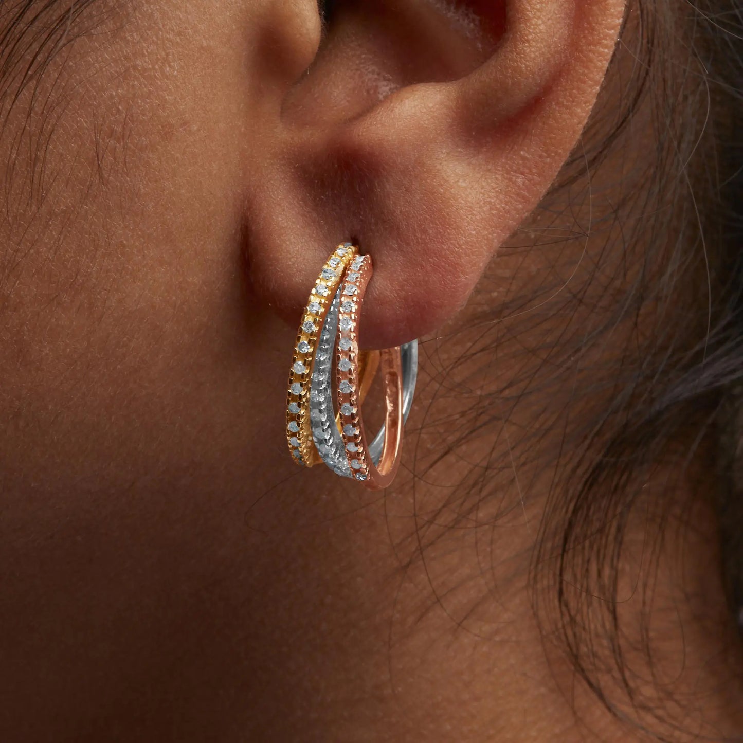 Yellow-and-White-and-Rose Gold Diamond Triple-Hoop Earrings