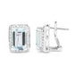 White Gold Round Diamond and Emerald-Cut Blue Aquamarine Halo Omega Stud Earrings