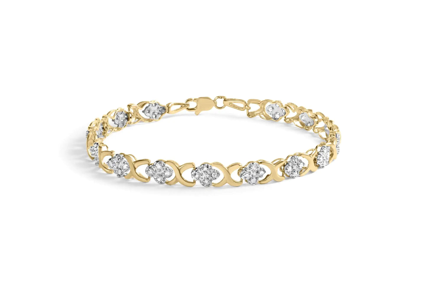 Yellow Gold Diamond Five-Stone Floral Cluster and X-Link Bracelet