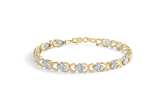 Yellow Gold Diamond Five-Stone Floral Cluster and X-Link Bracelet