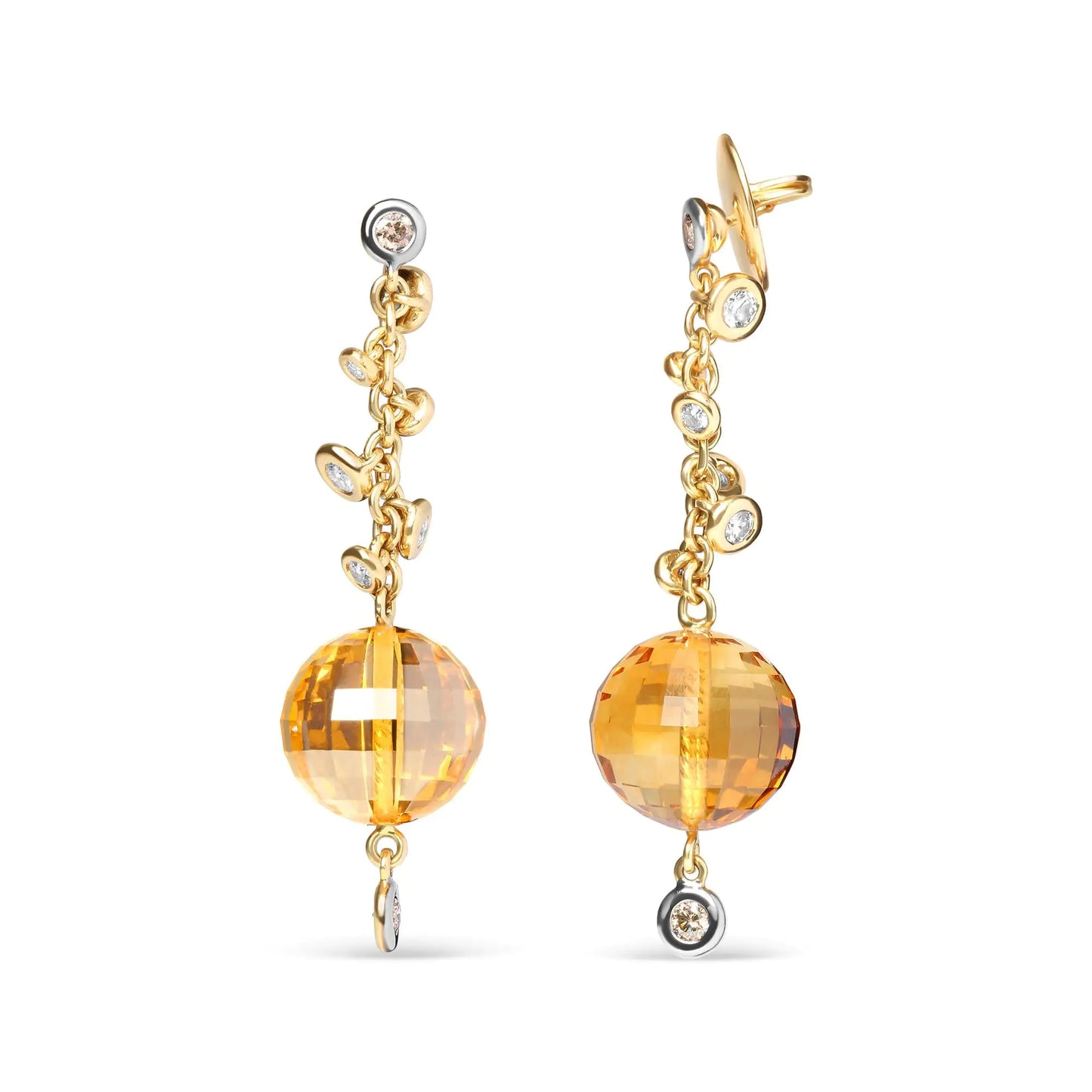 Yellow Gold Round Bezel Diamond and Ball-Shaped Yellow Citrine Gemstone Dangle Stud Earrings