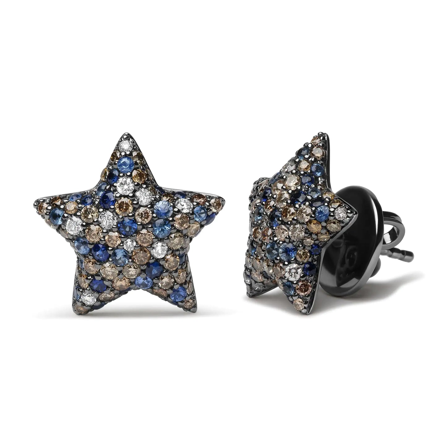 Black-Rhodium-Plated White Gold Diamond and Blue Sapphire Star Stud Earrings