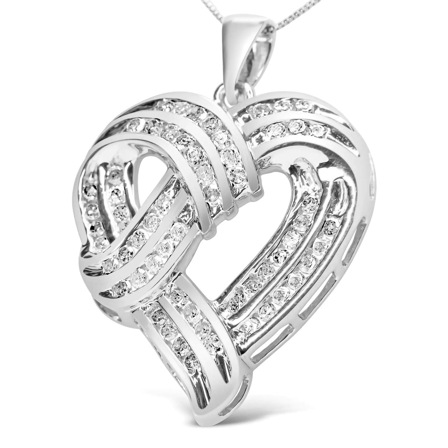 Silver Round Diamond Openwork-Ribbon-Weave Heart Pendant Necklace