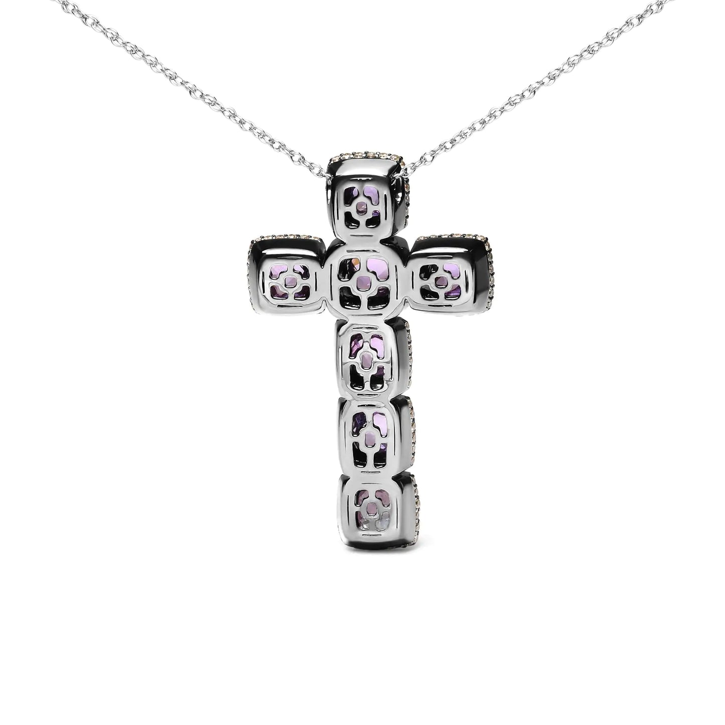 Black-Rhodium-Plated Rose Gold Amethyst Halo Cross Pendant Necklace