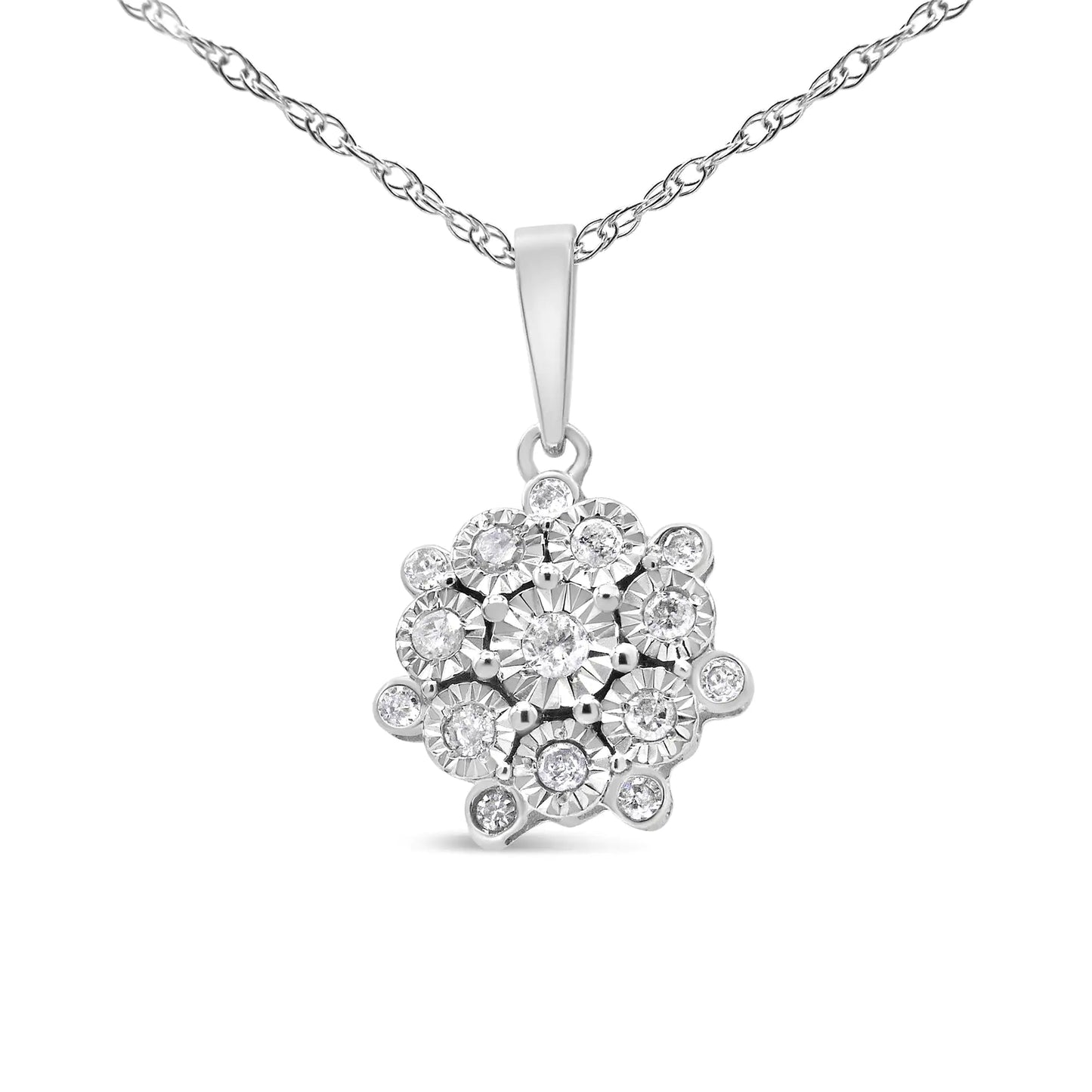 Silver Miracle Set Diamond Floral Cluster Pendant Necklace