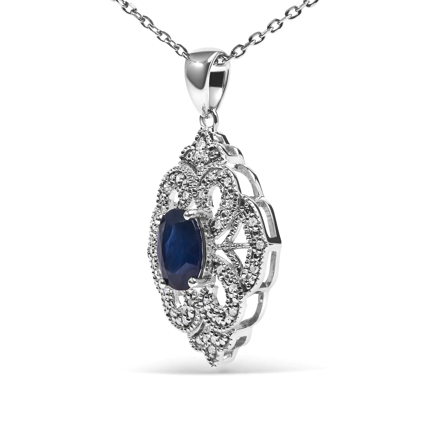 Silver Oval Blue Sapphire and Diamond Accent Art-Deco-Style Shield-Shaped Pendant Necklace