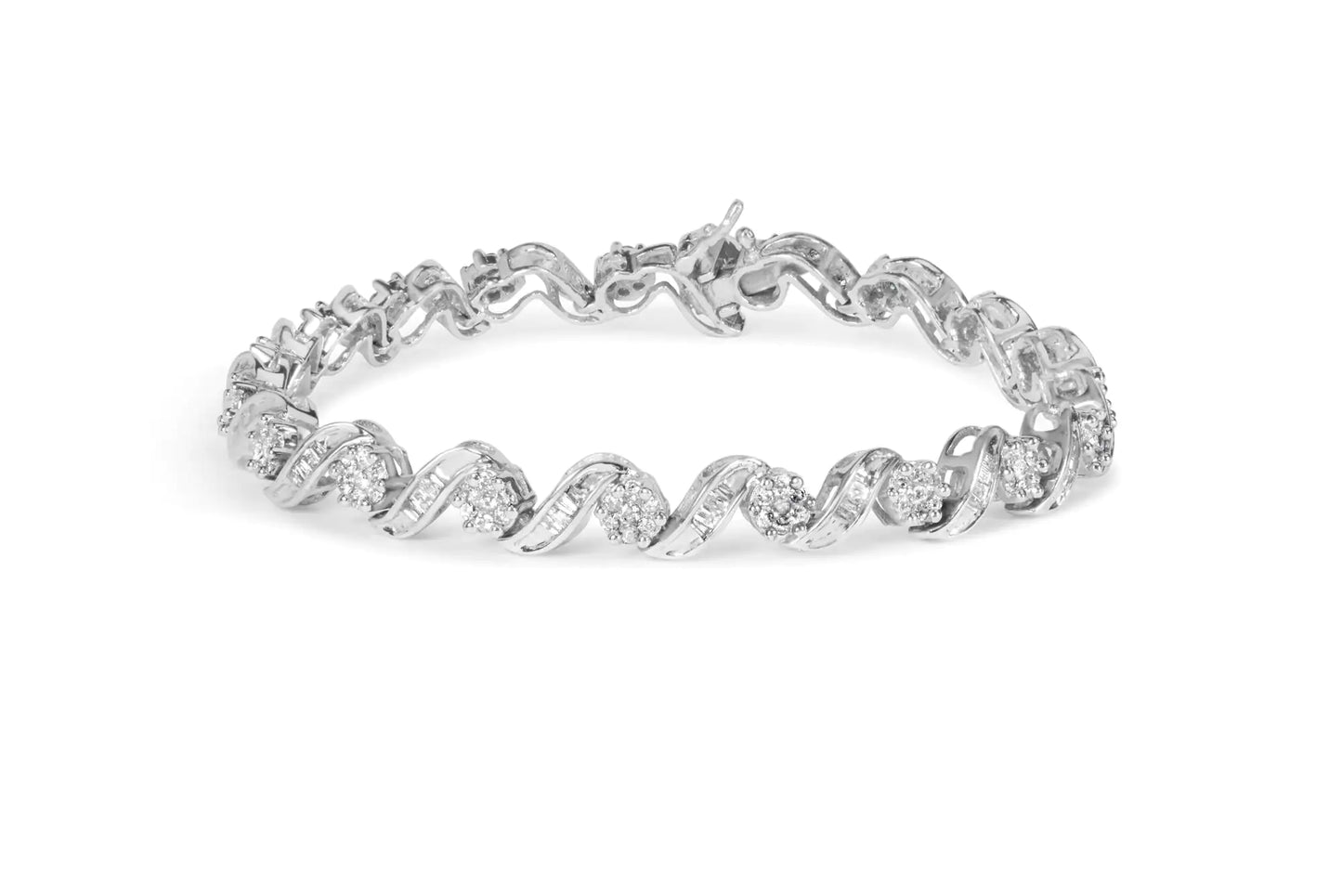 White Gold Diamond Cluster and Spiral-Link Bracelet