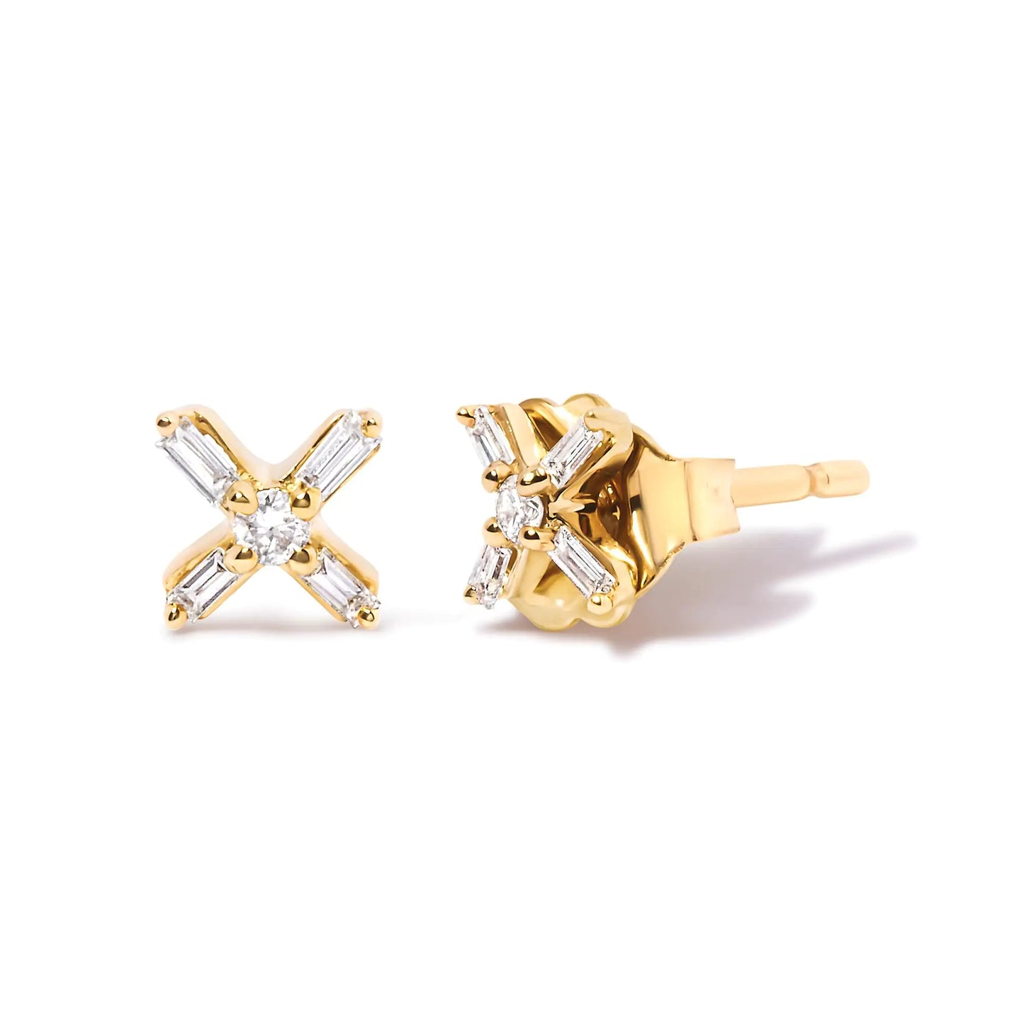 Yellow Gold Round-and-Baguette Diamond Criss-Cross X-Stud Earrings