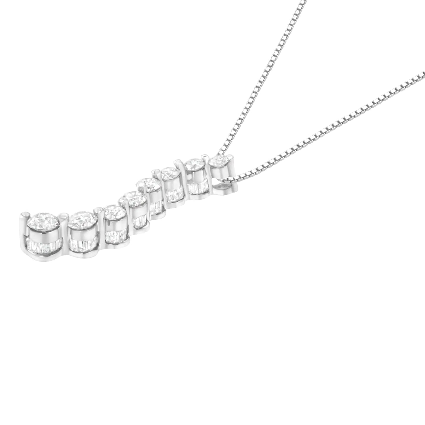 White Gold Baguette-Cut and Brilliant Round-Cut Diamond Journey Pendant Necklace