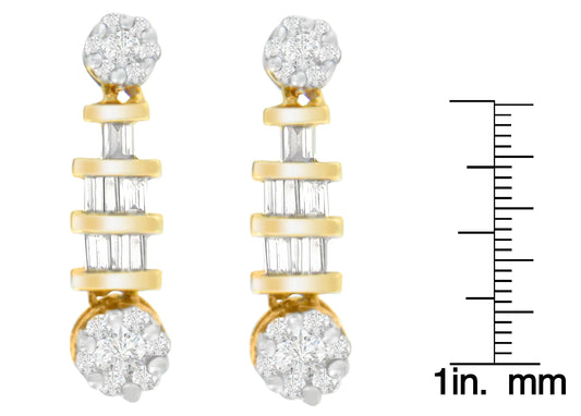 Yellow Gold Round-Cut and Baguette-Cut Diamond Earrings