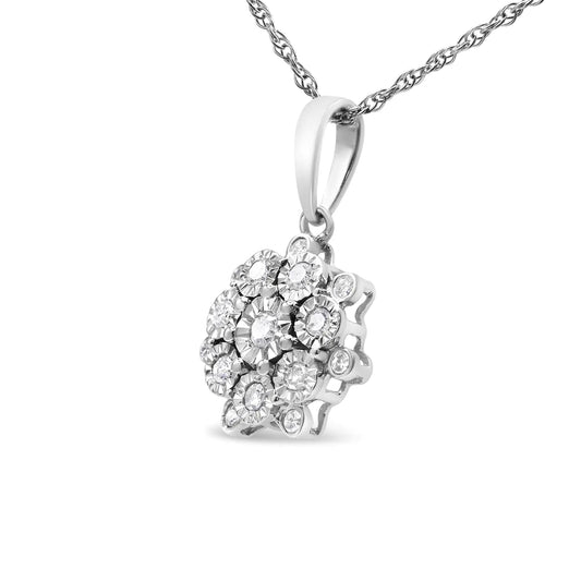 Silver Miracle Set Diamond Floral Cluster Pendant Necklace