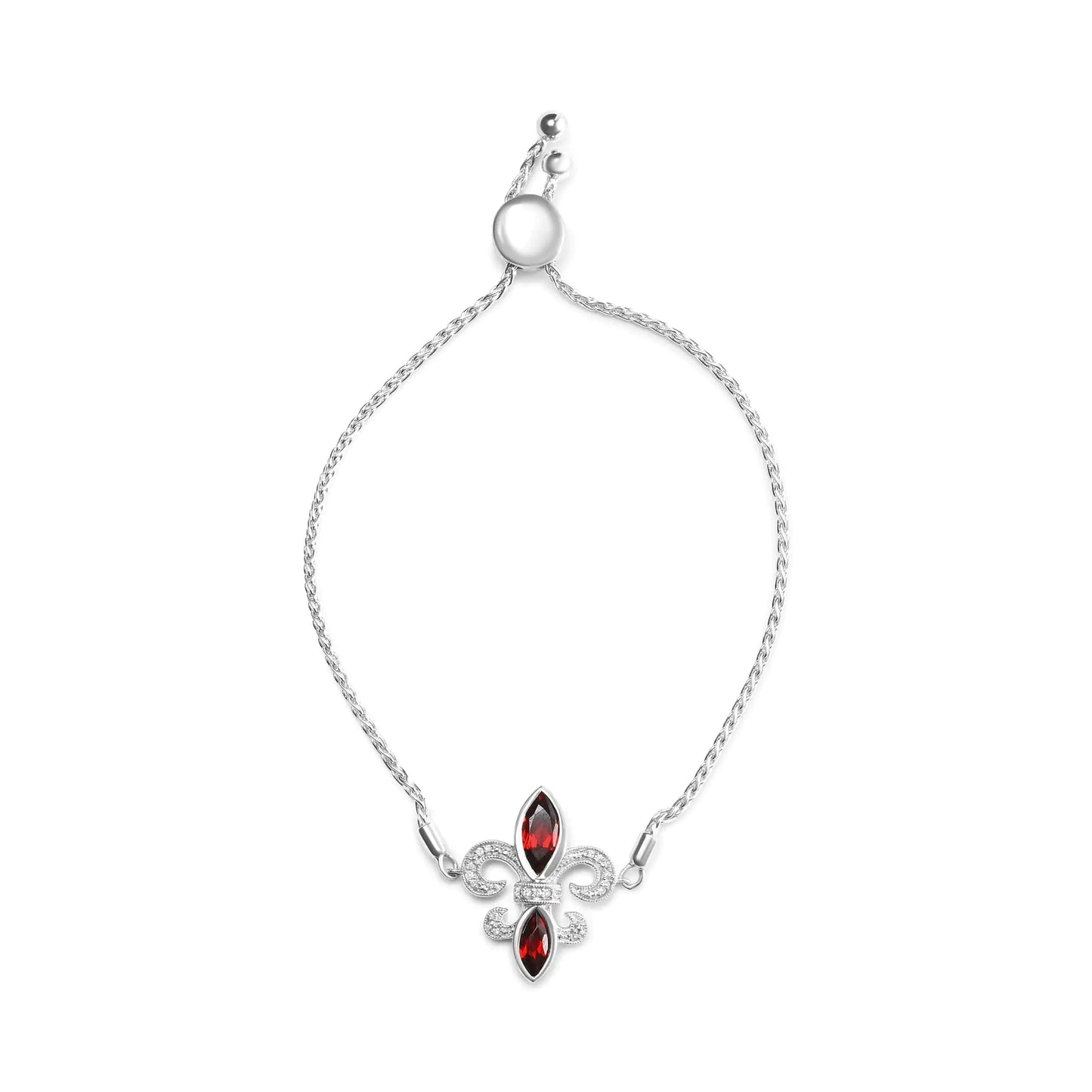 Silver Marquise Garnet and Diamond Accent Lariat Fleur-de-Lis Bolo Bracelet