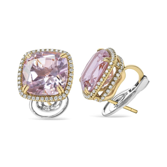 Rose-and-White Gold Round Diamond and Cushion-Cut Rose-de-France Pink Amethyst Clip-On Stud Earrings