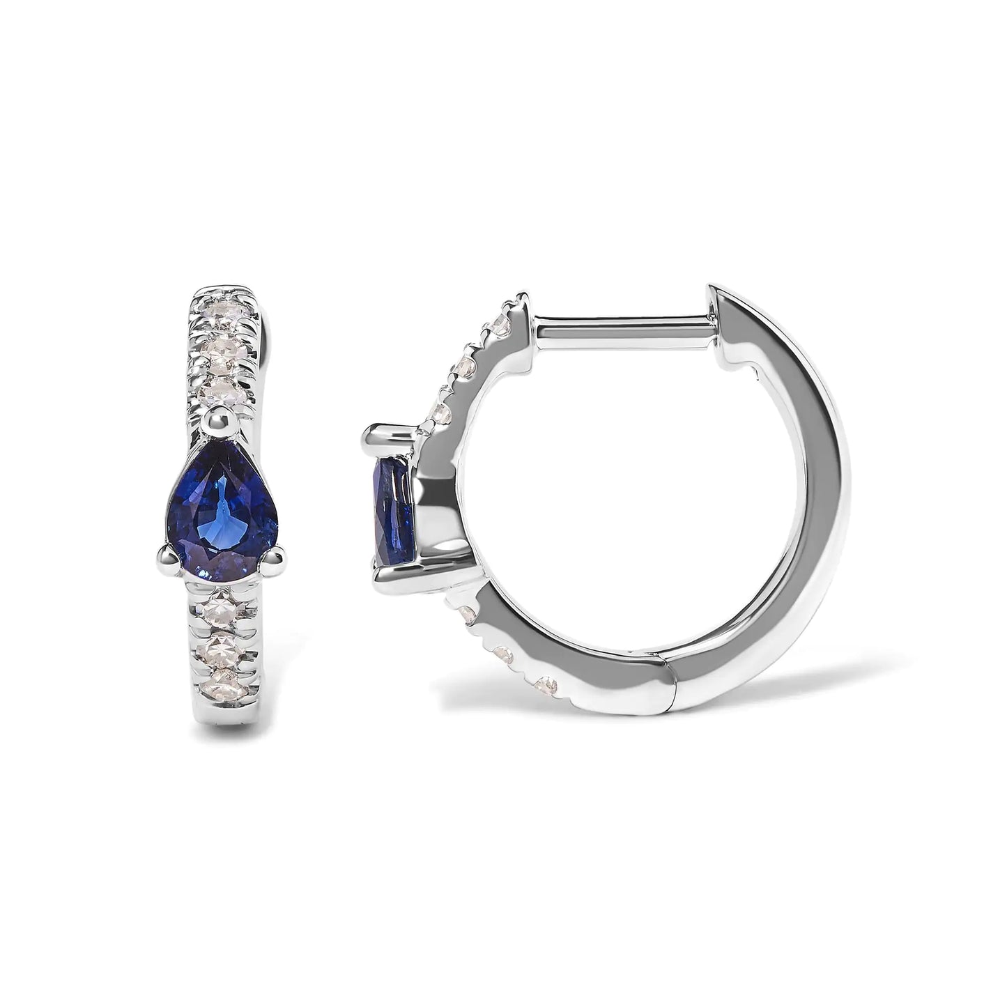 White Gold Pear Shaped Blue Sapphire and Diamond Huggy Hoop Earrings