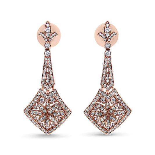 Rose Gold Diamond Studded Fleur-de-lis Trellis-Style Drop-and-Dangle Earrings