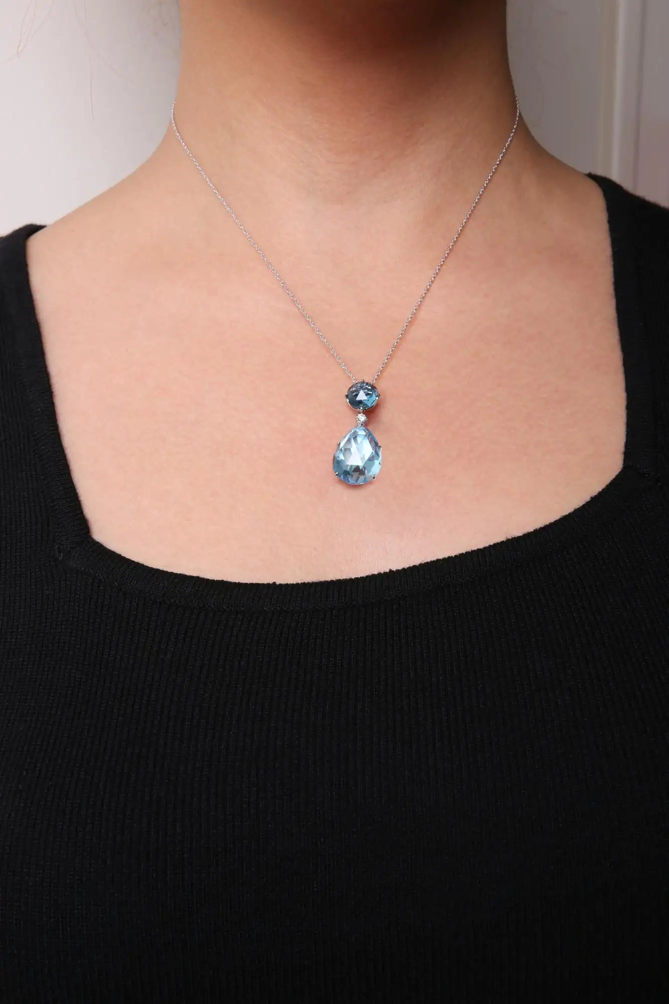 White Gold Diamond Accent and Round London-Blue Topaz and Pear-Cut Sky-Blue Topaz Dangle-Drop Pendant Necklace