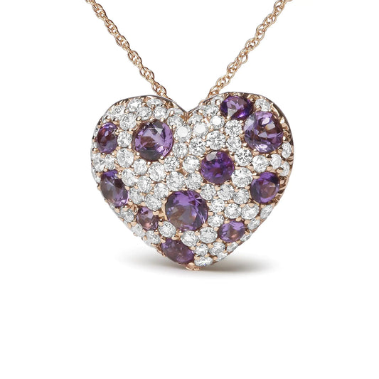 Rose Gold Diamond and Purple Amethyst Cluster Heart-Shape Pendant Necklace