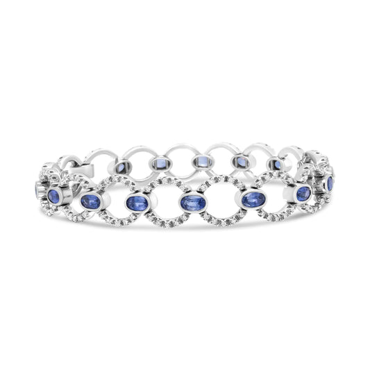 White Gold Diamond and Oval Blue Sapphire Openwork Circle Link Bracelet