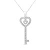 Silver Round-Cut Diamond Double-Heart and Key Pendant Necklace