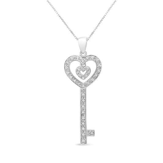 Silver Round-Cut Diamond Double-Heart and Key Pendant Necklace