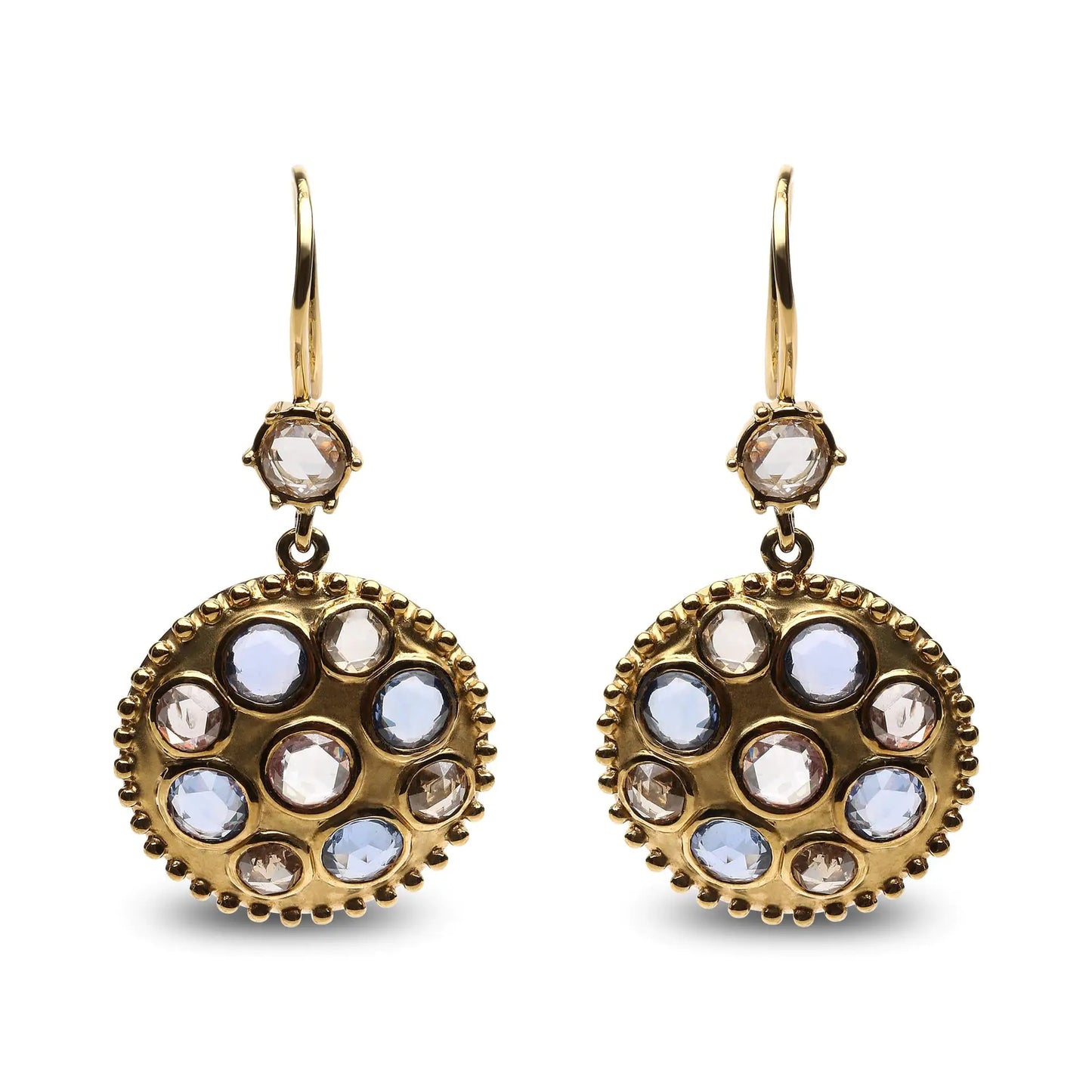 Yellow Gold Diamond and Blue Sapphire Cluster-Medallion Dangle Earrings