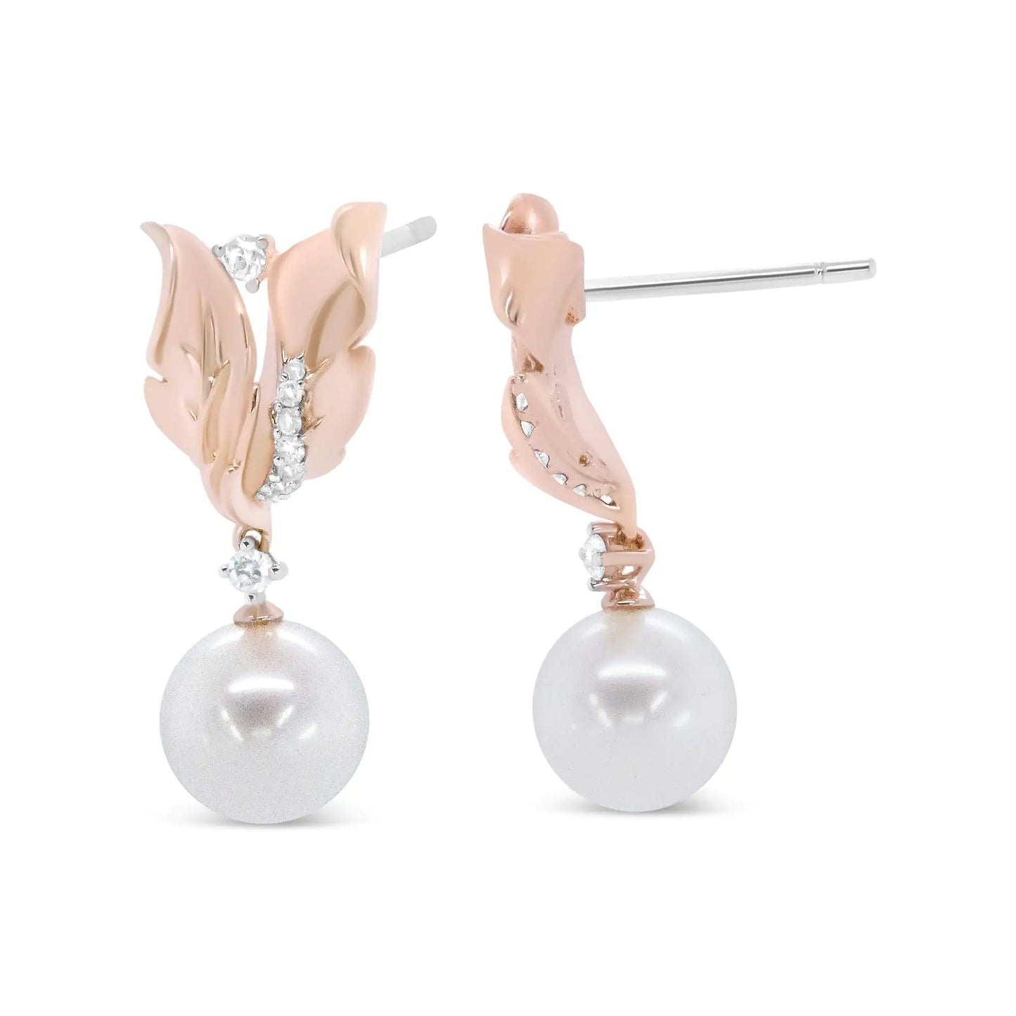 Rose Gold Round Diamond and Round Pearl Floral Drop Stud Earrings