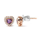 White-and-Rose Gold Diamond and Heart-Cut Purple Amethyst Gemstone Halo-Heart Stud Earrings