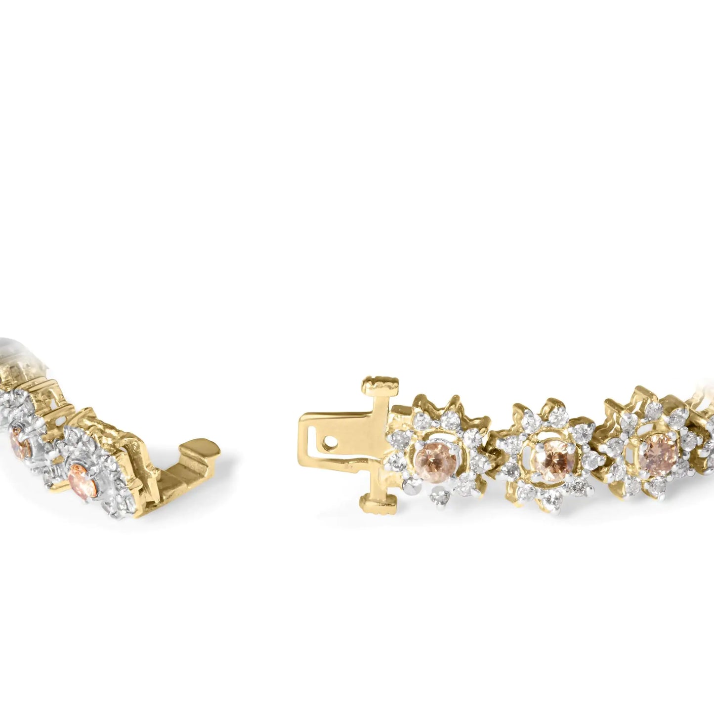 Yellow Gold Champagne Diamond Floral-Cluster Halo-Link Bracelet