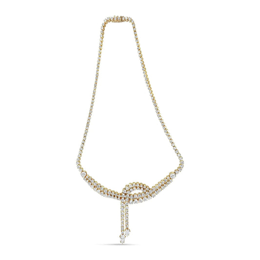 Yellow Gold Diamond Double-Row Lariat Tennis Necklace with Pear Shape Diamond Drop Tips