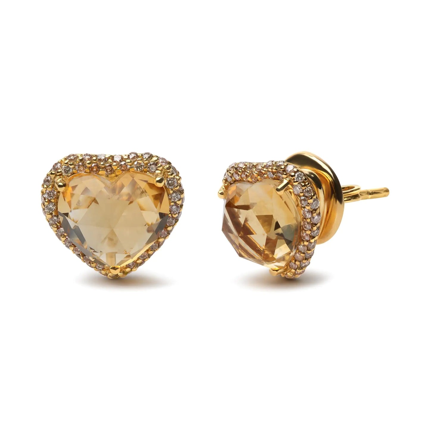 Yellow Gold Brown Diamonds and Heart-Cut Yellow Citrine Halo Heart Stud Earrings