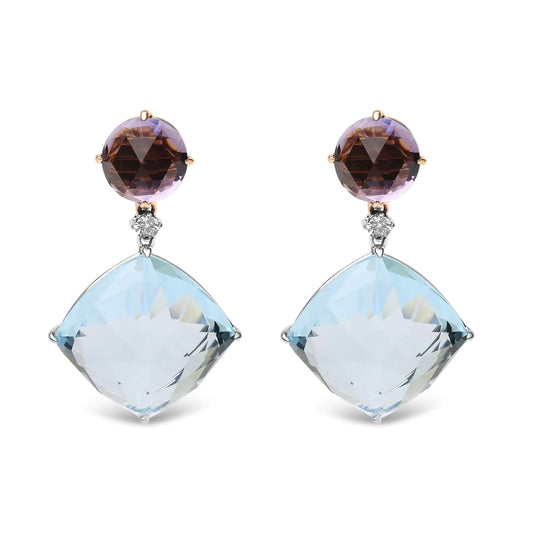 White-and-Rose Gold Diamond with Round Pink Rose-de-France Amethyst and Cushion-Cut Sky-Blue Topaz Gemstone Dangle Earrings