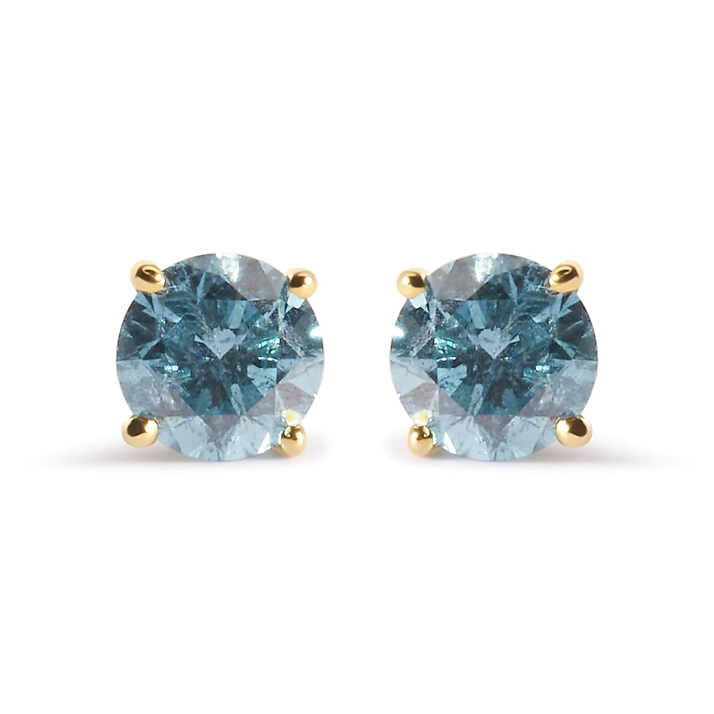 Yellow Gold Aqua-Blue Diamond Classic Solitaire Stud Earrings