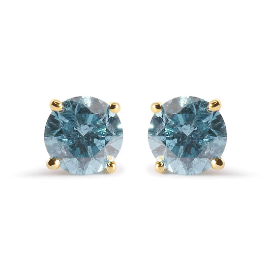 Yellow Gold Aqua-Blue Diamond Classic Solitaire Stud Earrings