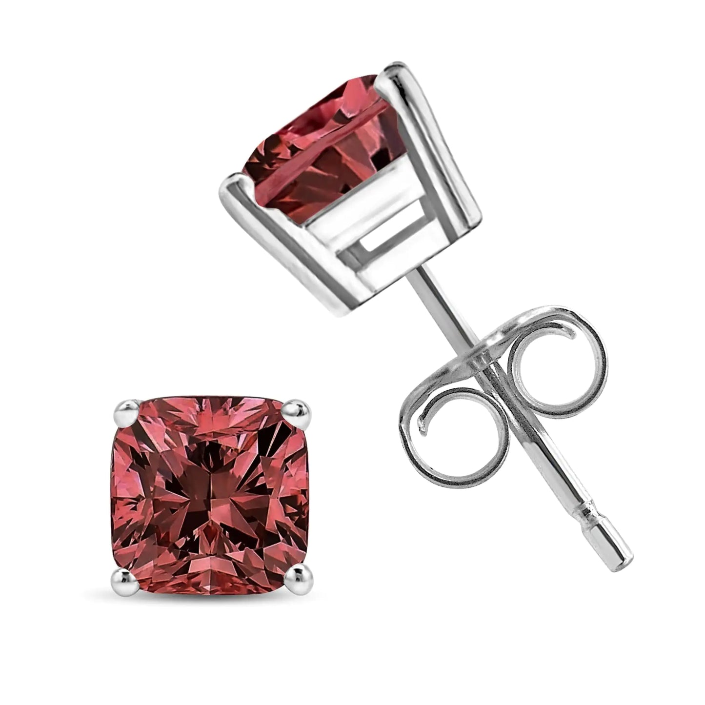 White Gold Lab-Grown Pink Cushion Four-Prong-Set Classic Diamond Solitaire Stud Earrings