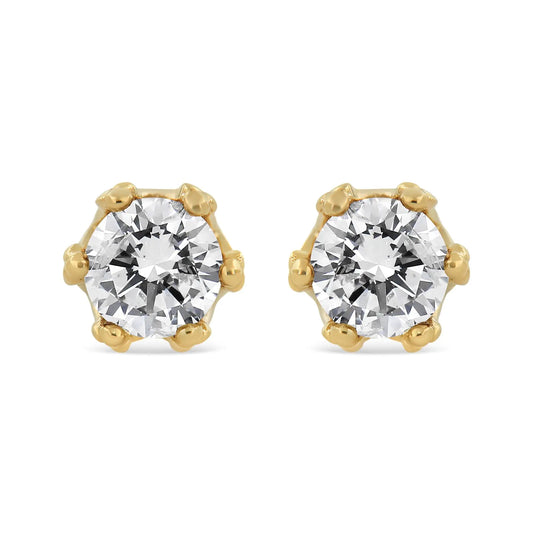 Yellow Gold Round-Cut Diamond Crown Stud Earrings