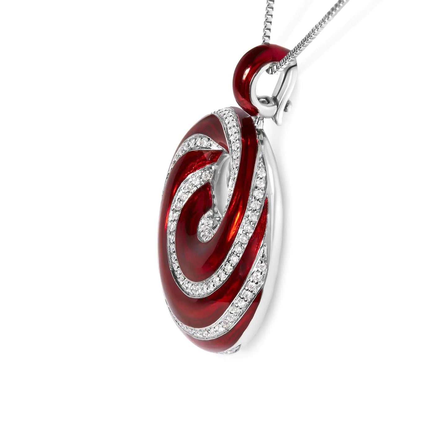 Silver Red Enamel and Diamond Endless-Swirl-Medallion Pendant Necklace