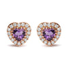 White-and-Rose Gold Diamond and Heart-Cut Purple Amethyst Gemstone Halo-Heart Stud Earrings