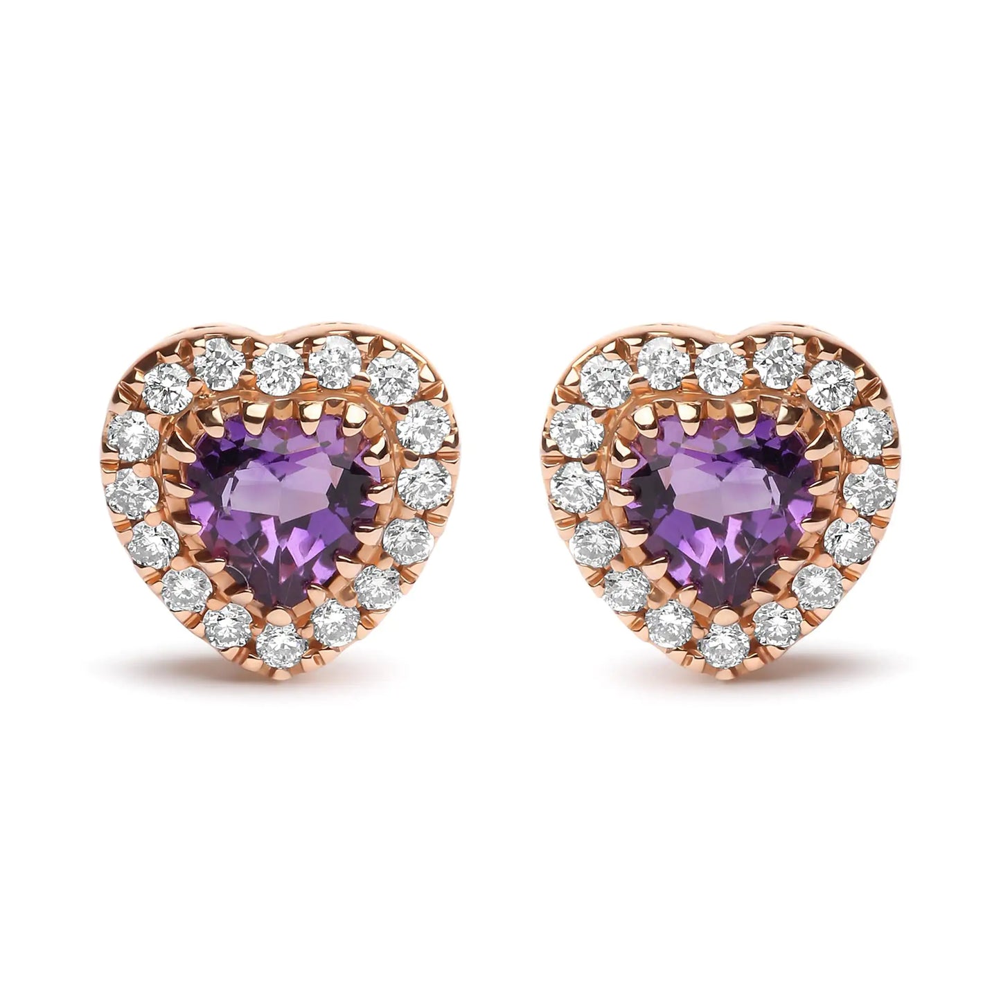 White-and-Rose Gold Diamond and Heart-Cut Purple Amethyst Gemstone Halo-Heart Stud Earrings