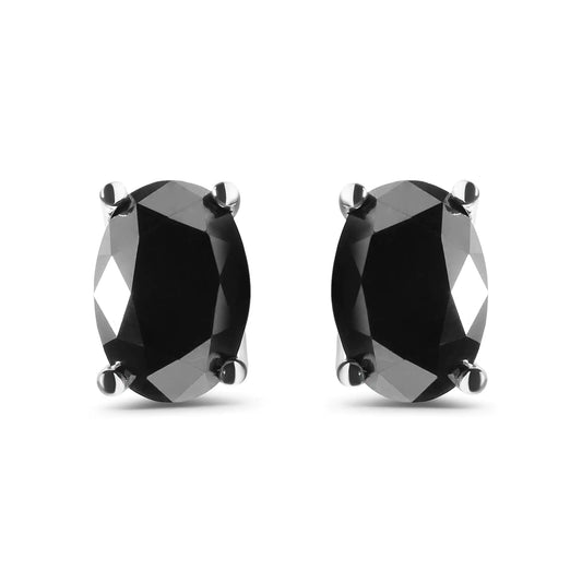 White Gold Oval-Cut Black Diamond Solitaire Stud Earrings