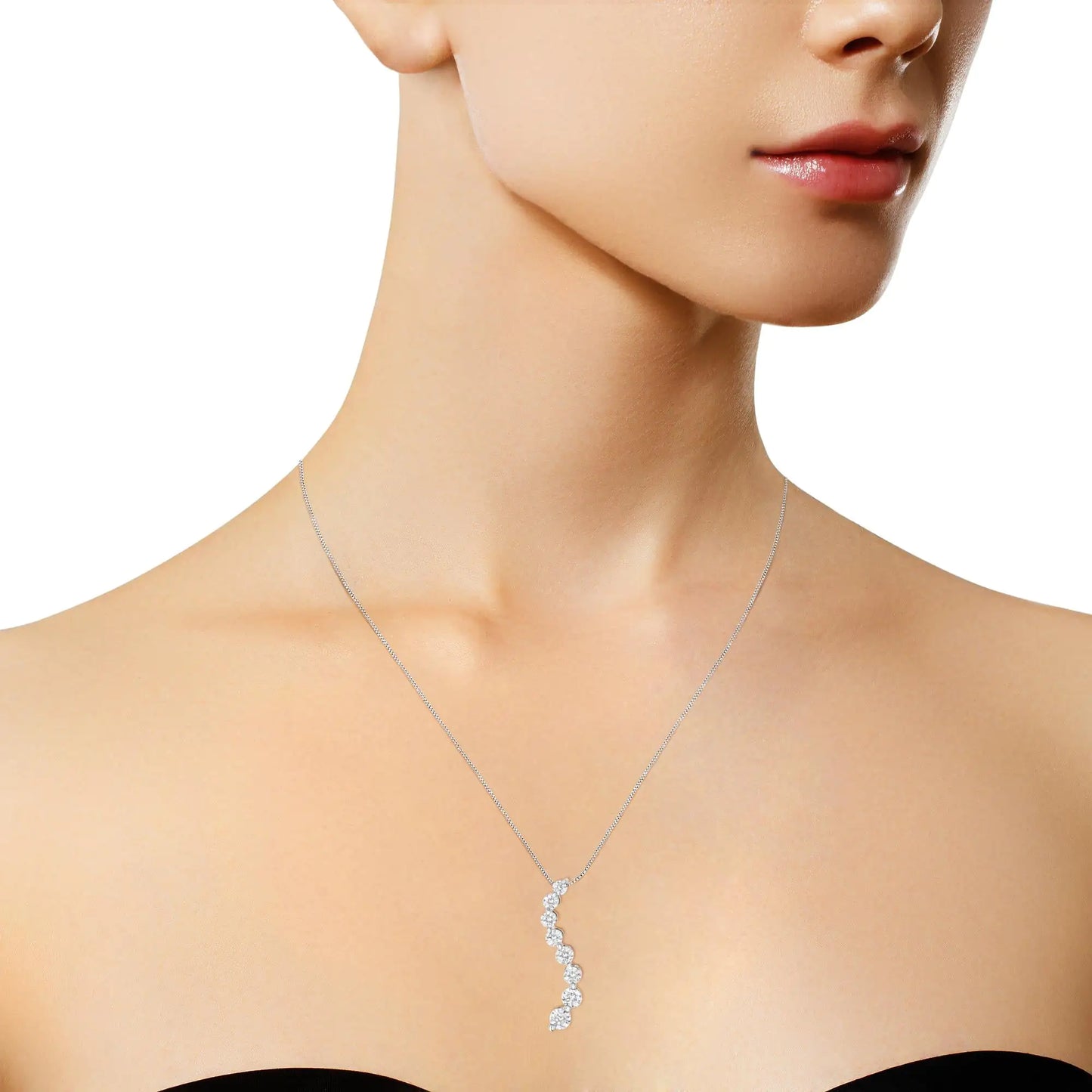 White Gold Baguette-Cut and Brilliant Round-Cut Diamond Journey Pendant Necklace